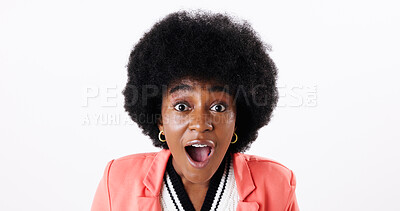 Buy stock photo Black woman, excited and portrait in studio for surprise, good news and fashion promotion. Girl, wow and face on white background space for competition results, winner or amazing deal in casual style