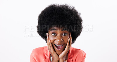Buy stock photo Black woman, excited and portrait in studio for dental care, news and happy for braces removal date. Girl, surprised and wow on white background space for oral wellness with health insurance approval