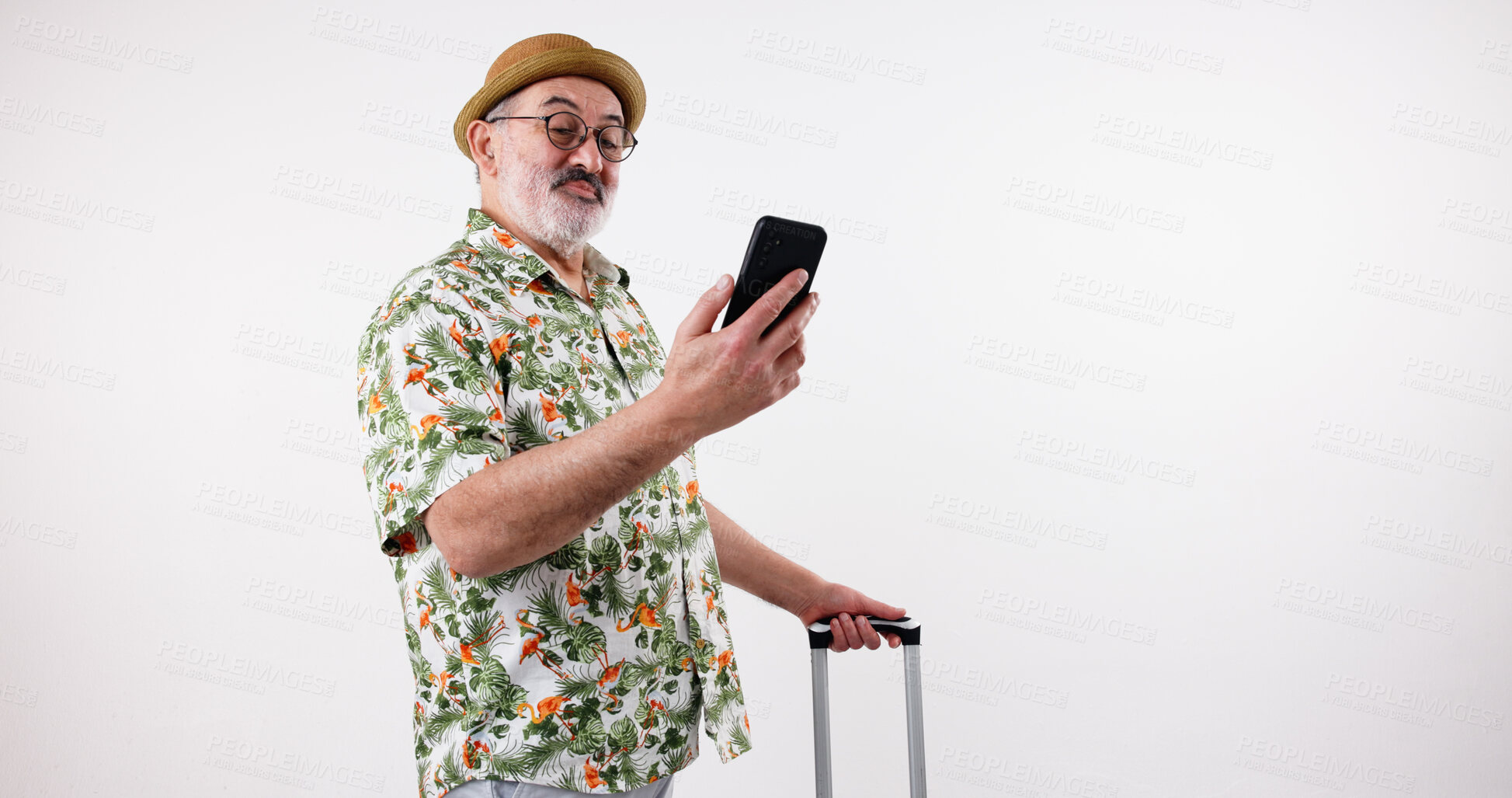 Buy stock photo Travel, mature man and phone with suitcase, vacation and research for hotel, reading online review and studio. Senior person, retirement and holiday planning for hospitality, luggage and lodge trip