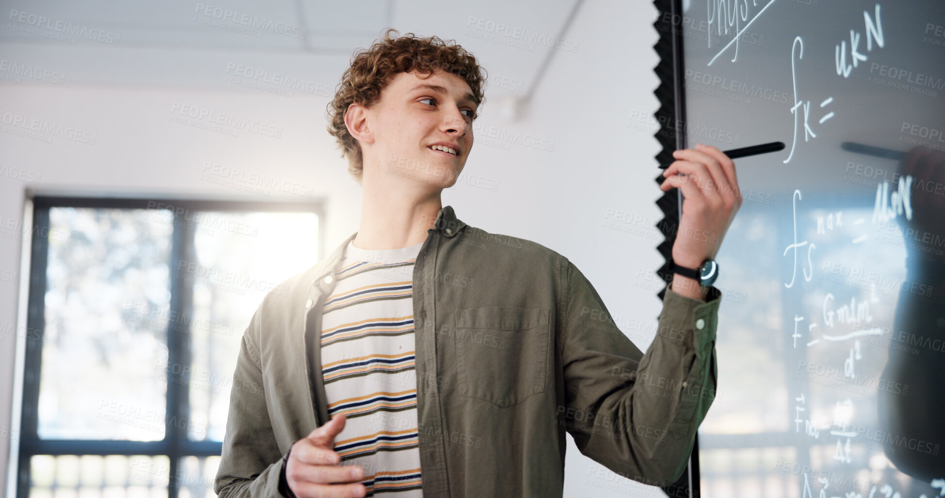 Buy stock photo Education, man and student by board in lecture explaining science equation to class at college. Revision, writing and male person with physics solution study for university exam, test or assignment.