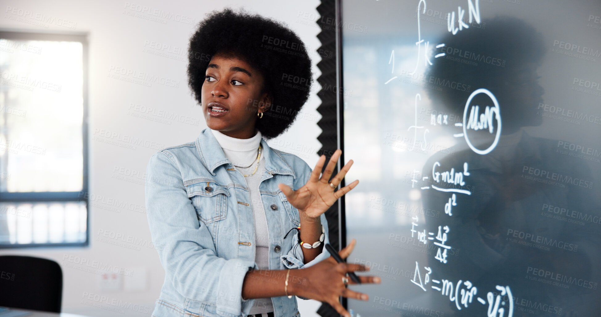 Buy stock photo Education, black woman and student by board in lecture explaining science equation to class at college. Revision, study and female person with physics research for university exam, test or assignment