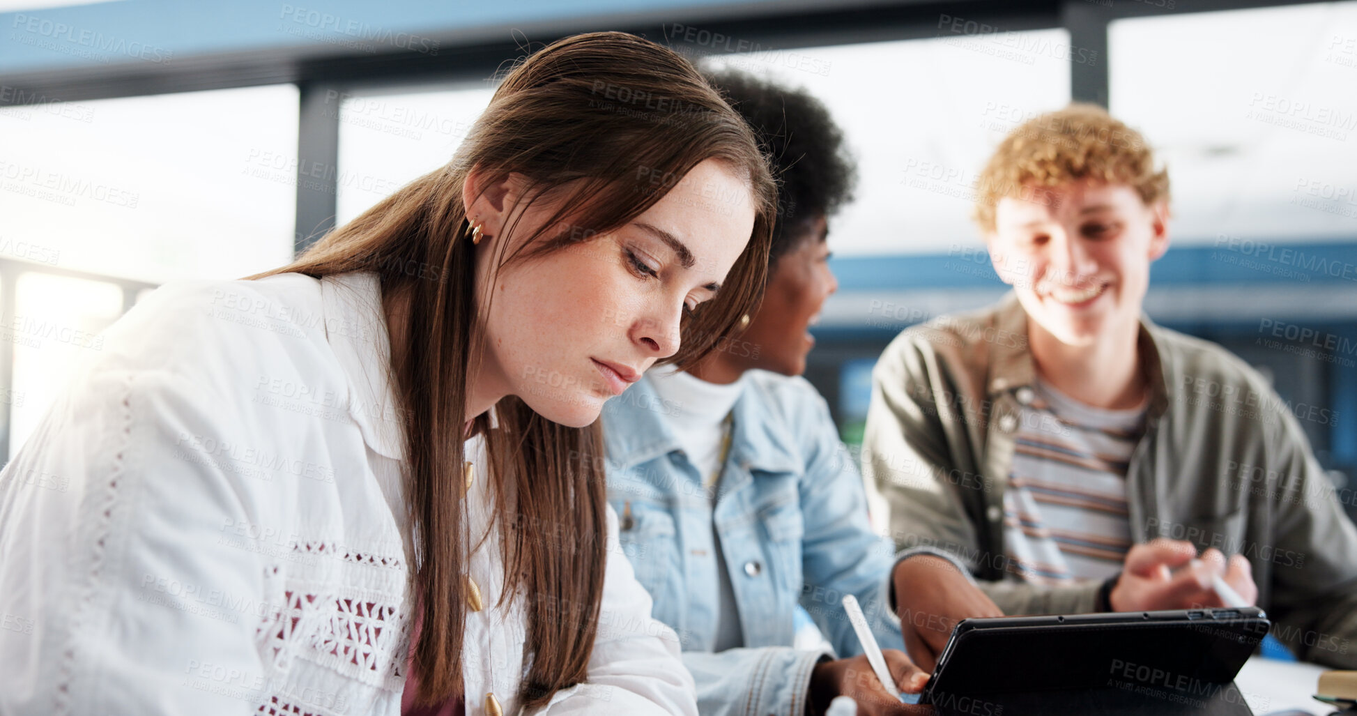 Buy stock photo Studying, group and students with knowledge, classroom and research for assignment in college or writing. Education, learning and people with tech for project, university and teamwork for website