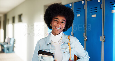 Buy stock photo Books, student and portrait of black woman and lockers for education, future and research thesis. Scholarship, studying and learning with person on University campus for knowledge, course or academy