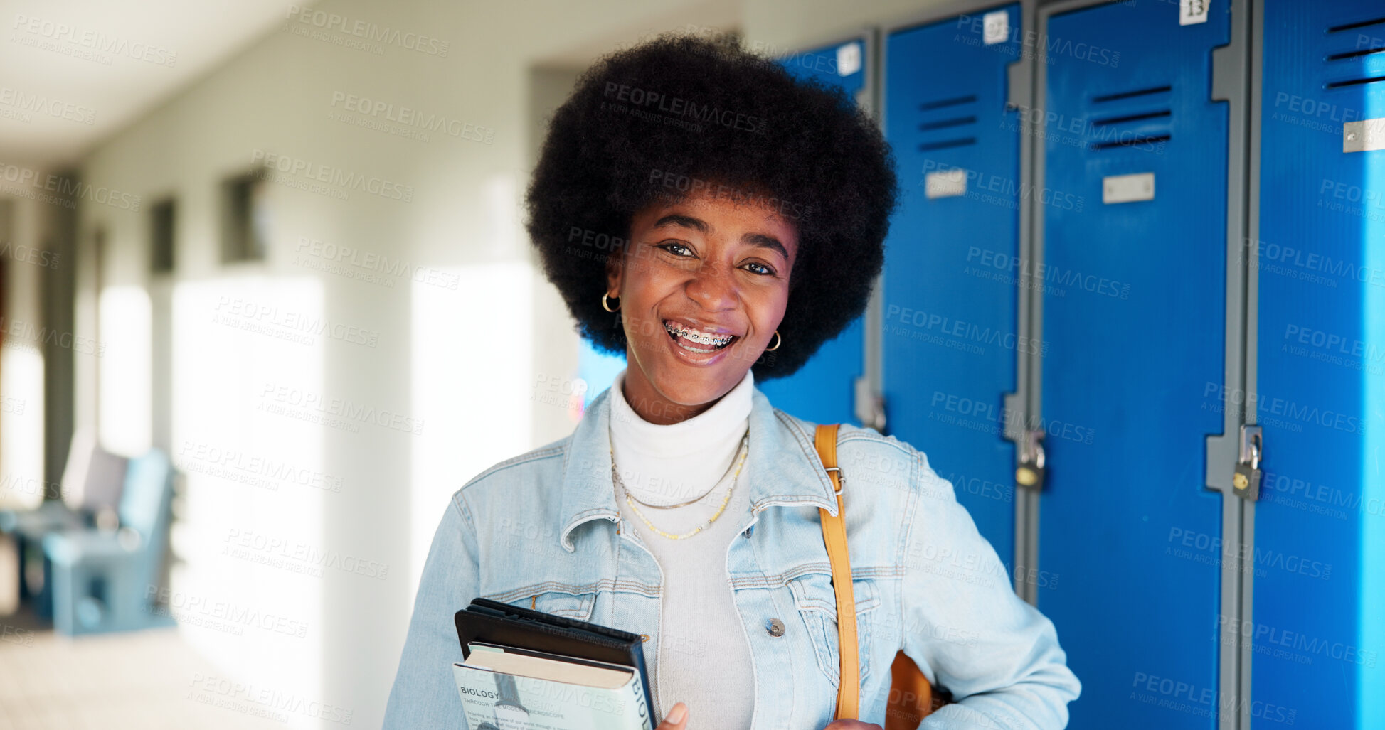 Buy stock photo Books, student and portrait of black woman and lockers for education, future and research thesis. Scholarship, studying and learning with person on University campus for knowledge, course or academy