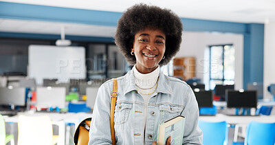 Buy stock photo Books, student and portrait of black woman in classroom for education, future and research thesis. Scholarship, studying and learning with person on University campus for knowledge, course or academy