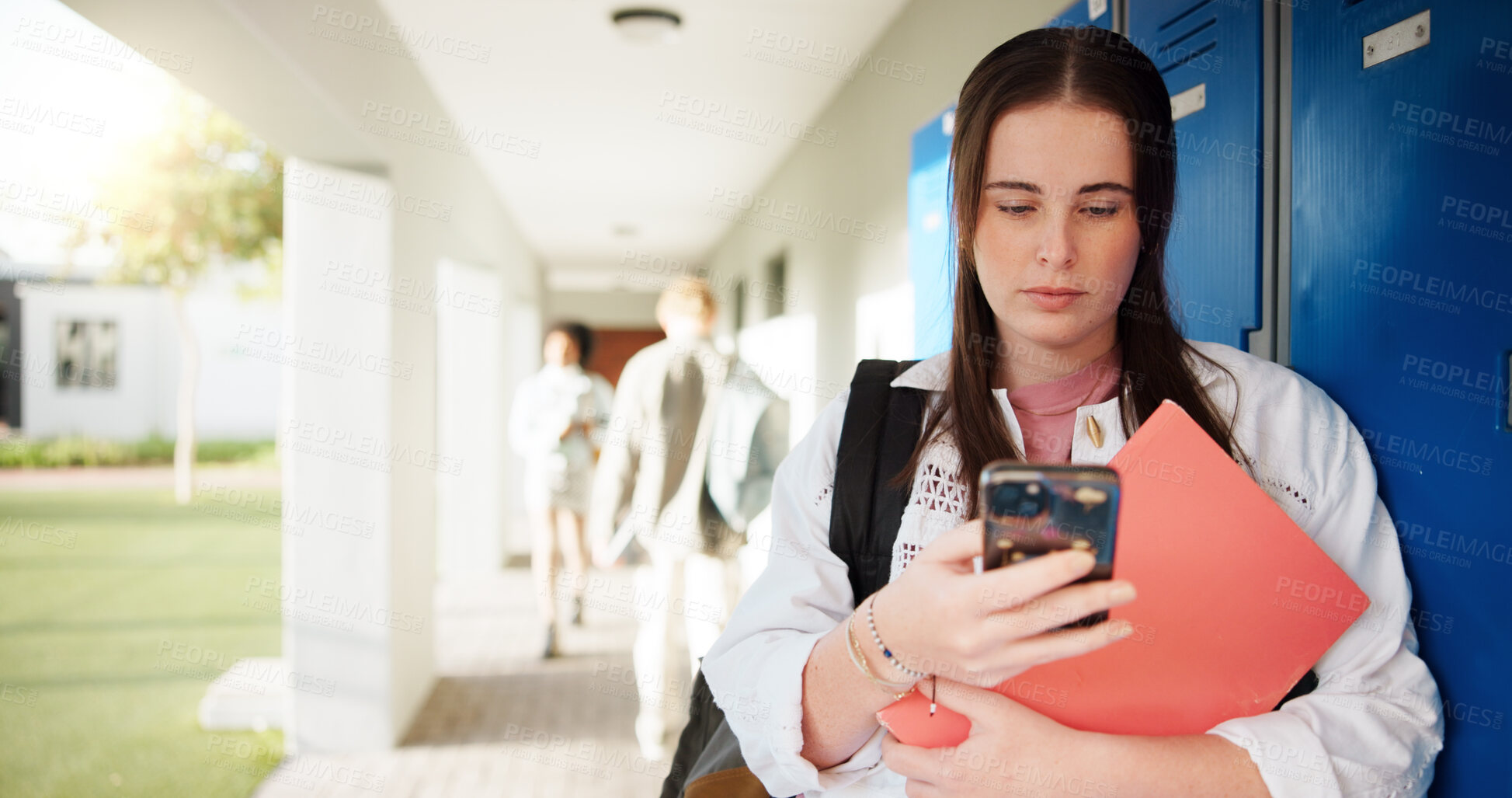 Buy stock photo Phone, student and woman at university for typing text, knowledge and check exam results online. Education, learning and girl on mobile in college campus for course upgrade, class schedule and app
