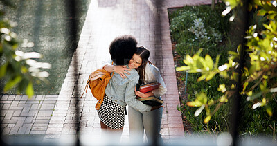 Buy stock photo Smile, student and friends hug for education, future growth or development in college. Campus, scholarship and happy women support with backpack, study books and excited for learning opportunity