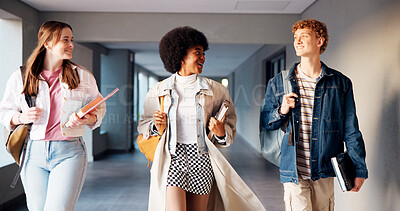 Buy stock photo Diversity, college and walking with friends in hallway for education, future and research thesis. Students, studying and team with people on University campus for knowledge, course and scholarship