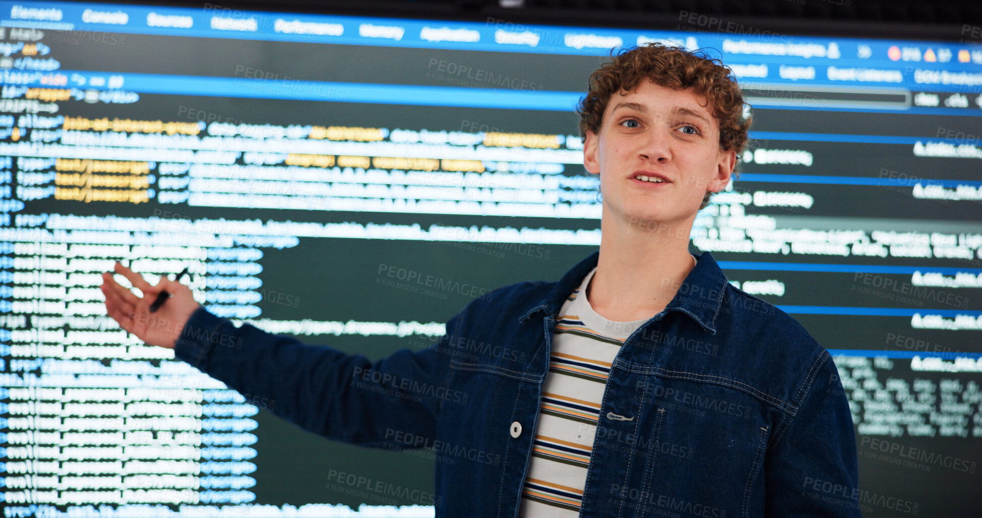 Buy stock photo Programming lecture, student and man in university for learning, education or teaching ai course. College, class and study coding with data for software development in digital presentation on screen