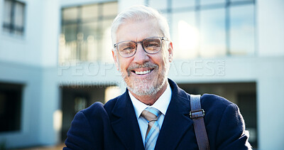 Buy stock photo Portrait, real estate and mature man with smile, corporate and happy for market growth or outdoor. Proud, entrepreneur and person with career advancement in business, property and realtor in USA