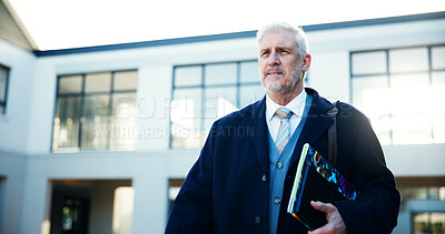 Buy stock photo Mature man, teacher and walking at school with books for lesson, start teaching and education commute. Male lecturer, travel and journey for learning, legal studies and academy knowledge with wisdom