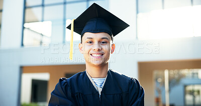 Buy stock photo Portrait, man, and smile for graduation outdoor of education achievement, learning goals and ceremony. Happy, male student and studying success of university degree, celebration and academic progress