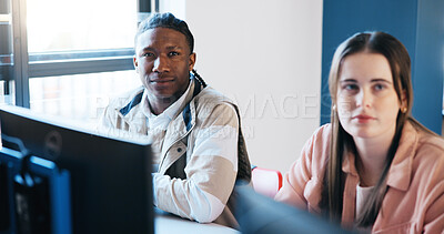 Buy stock photo University, computer and students with education, listening and development in classroom. People, man and woman with pc, information technology and lesson with growth, knowledge and course with ideas