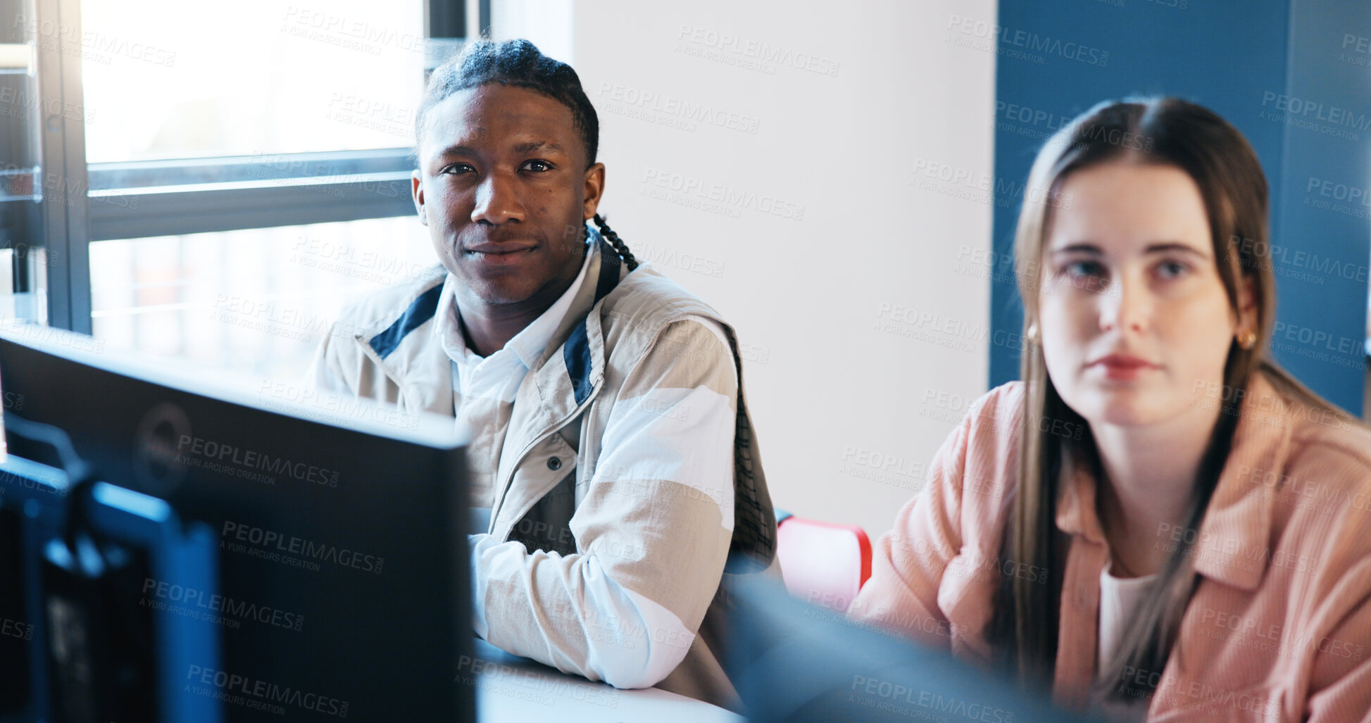 Buy stock photo University, computer and students with education, listening and development in classroom. People, man and woman with pc, information technology and lesson with growth, knowledge and course with ideas
