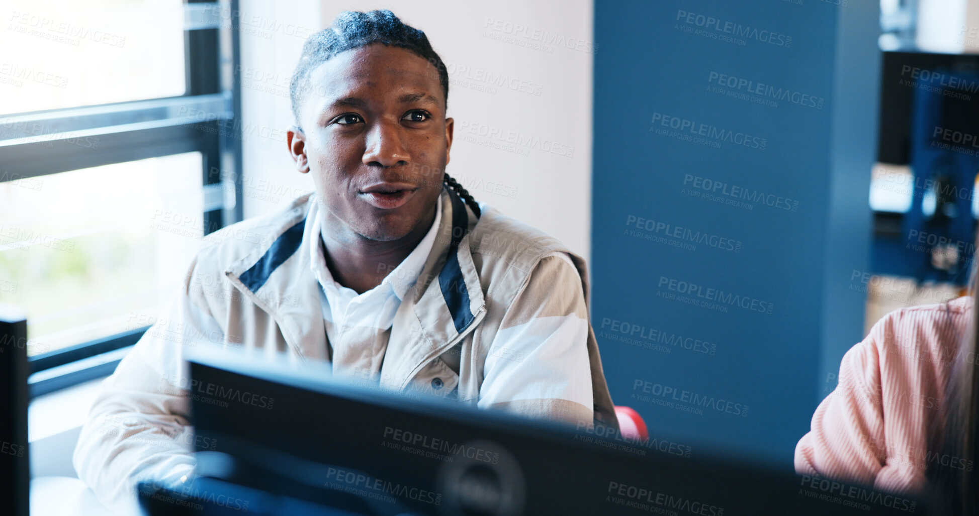 Buy stock photo Students, education and man in classroom, computer and feedback for information, knowledge and literature. People, college and university with ideas, review book or learning with development or study