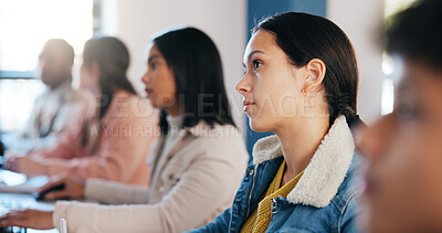 Buy stock photo People, students and listening with lecture for lesson, presentation or higher education in classroom at university. Young, group or learners in class for learning or academic knowledge at college