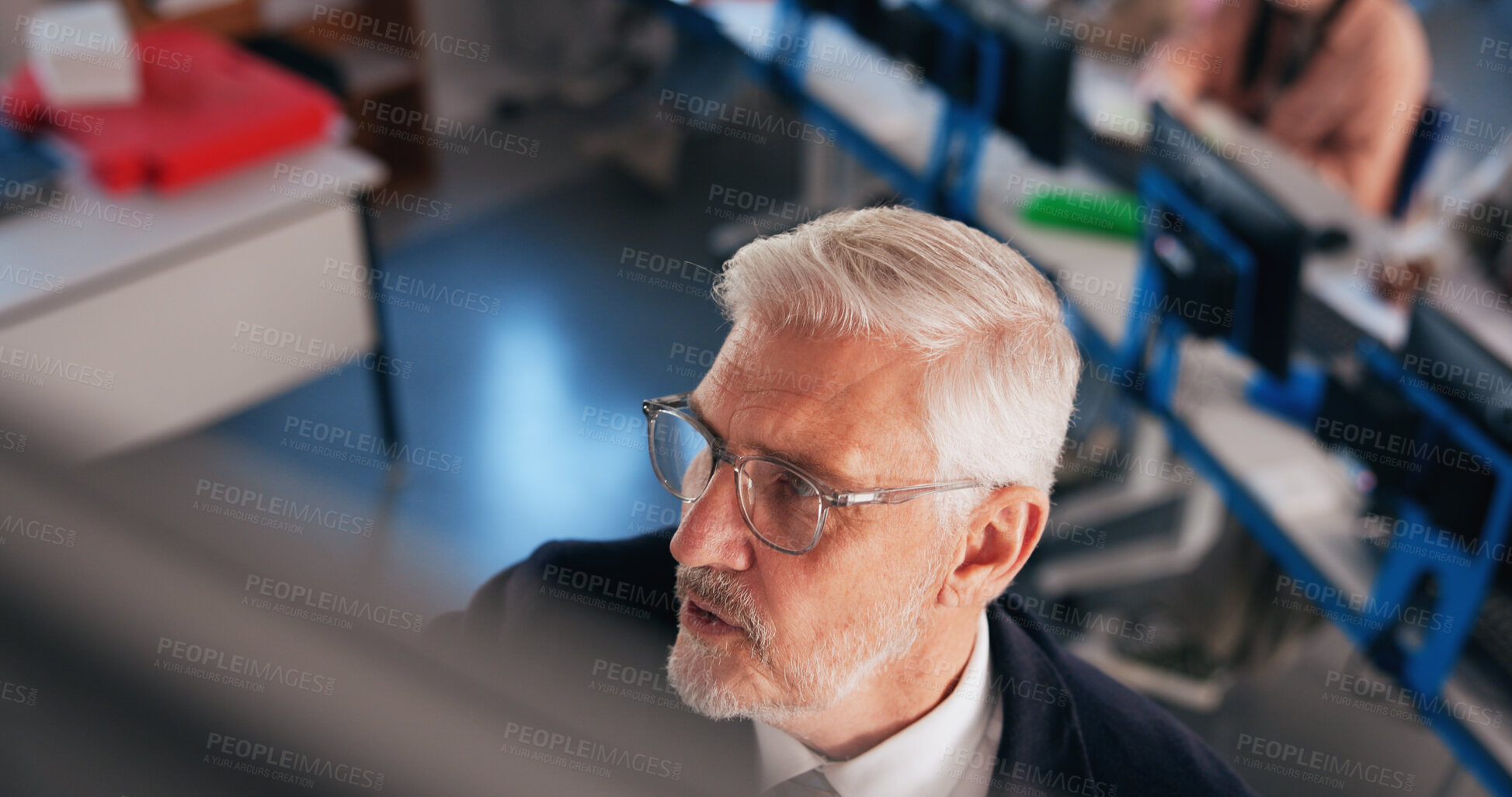 Buy stock photo University, lecturer and man in classroom, education and share information with knowledge. Mature person, employee and worker with college, presentation and professor with curriculum and above