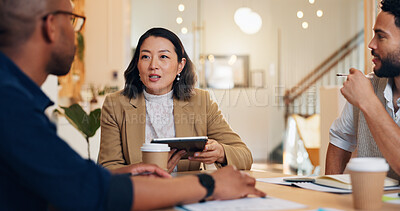 Buy stock photo Woman, men and meeting with tablet for planning event, wedding or ceremony with budget, notes and app. People, discussion and leader with touchscreen for party, gala and project management at startup