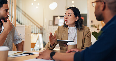 Buy stock photo Woman, men and discussion with tablet for planning event, wedding or ceremony with budget, notes and app. People, meeting and leader with touchscreen for party, gala and project management at startup