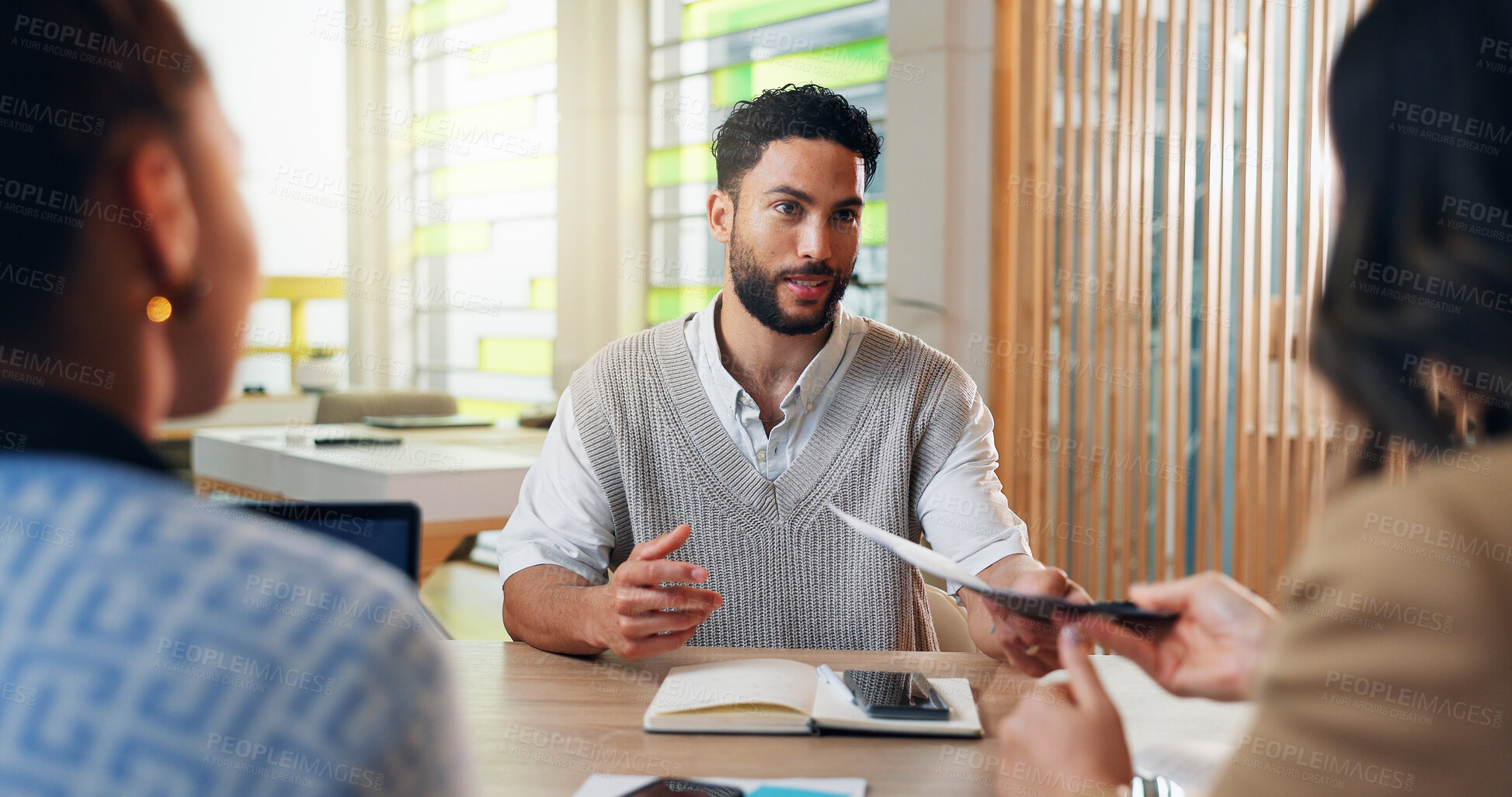 Buy stock photo Businessman, meeting or CV with interview for recruiting, job opportunity or career application at office. Man, candidate or company applicant with contract document or resume for business enrollment