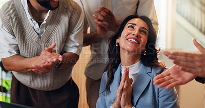 Buy stock photo Excited business woman, winner and applause in promotion, announcement or office negotiation success. Group of employees, clapping or congratulations for partnership, prize or workplace contract goal