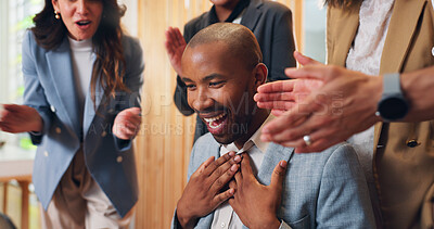 Buy stock photo Excited businessman, omg and applause in promotion, announcement or office negotiation success. Group of employees, clapping or winner for partnership congratulations, prize or workplace contract