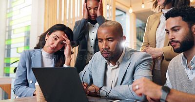 Buy stock photo Frustrated, business people and laptop with bad news for company bankruptcy, financial crisis or rejected funding. Upset employees, group or colleagues with stress for poor investment, debt or fail