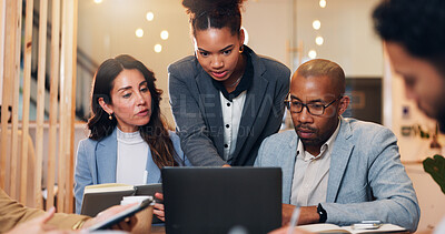 Buy stock photo Office, brainstorming and team with laptop, serious and social media specialist with budget for ad. Discussion, professional and people with ideas for campaign, talking and collaboration for company