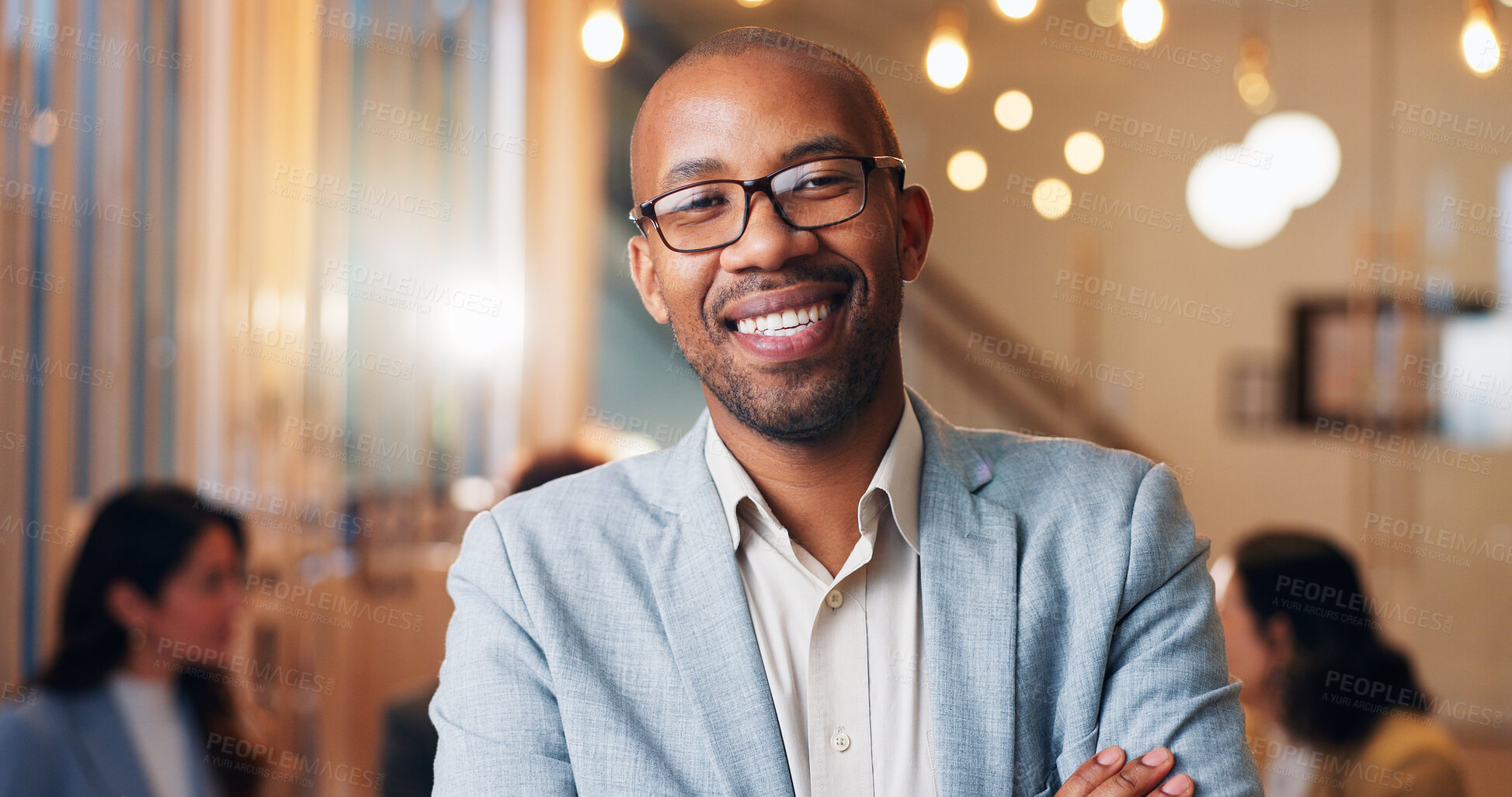 Buy stock photo Happy man, portrait and confident in office for business, career development and about us for collaboration. Events coordinator, meeting and arms crossed in agency for professionalism, pride or bokeh