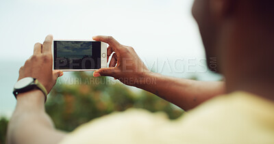 Buy stock photo Photograph, hands and man with smartphone, nature and view with screen, picture or social media. Travel influencer, person or guy with cellphone, summer holiday or explore with adventure or landscape