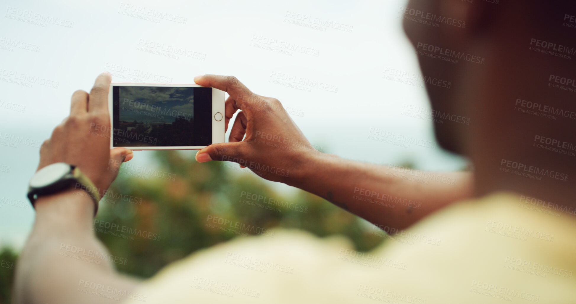 Buy stock photo Photograph, hands and man with smartphone, nature and view with screen, picture or social media. Travel influencer, person or guy with cellphone, summer holiday or explore with adventure or landscape