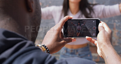Buy stock photo Wall, phone screen and couple in city, video recording and capture moment with influencer. Hands, outdoor and people with smartphone, mobile app and photography with confidence and social media