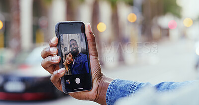 Buy stock photo Couple, hands and city with phone screen for selfie, photography or picture in street. Closeup, man or woman with mobile smartphone display for capture moment, travel memory or app in an urban town 