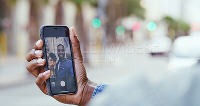 Buy stock photo Happy couple, hands and city with phone screen for selfie, photography or picture in street. Closeup, man or woman with mobile smartphone for capture moment, travel memory or app in an urban town