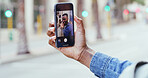 Happy couple, hands and city with phone camera for selfie, photography or picture in street. Closeup, man or woman with mobile smartphone for capture moment, travel memory or app in an urban town