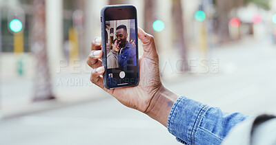Buy stock photo Happy couple, hands and city with phone camera for selfie, photography or picture in street. Closeup, man or woman with mobile smartphone for capture moment, travel memory or app in an urban town