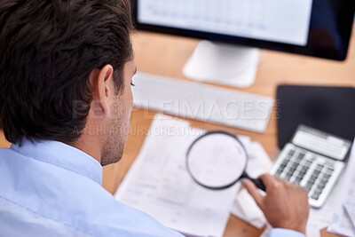 Buy stock photo Finance, businessman and magnifying glass in office with accounting career, budget and bills planning. Entrepreneur, person and bookkeeper with rear view for asset management, expenses and investment