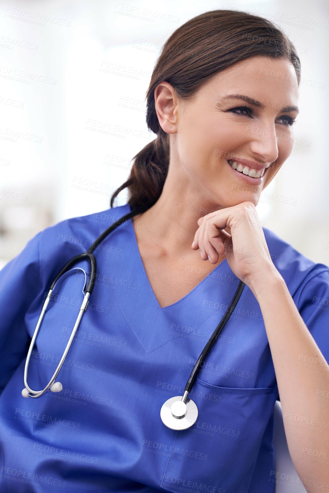 Buy stock photo Thinking, nurse and happy woman in hospital for medicine, healthcare or wellness of person. Vision, medical professional and smile of surgeon, employee or expert doctor planning future in clinic