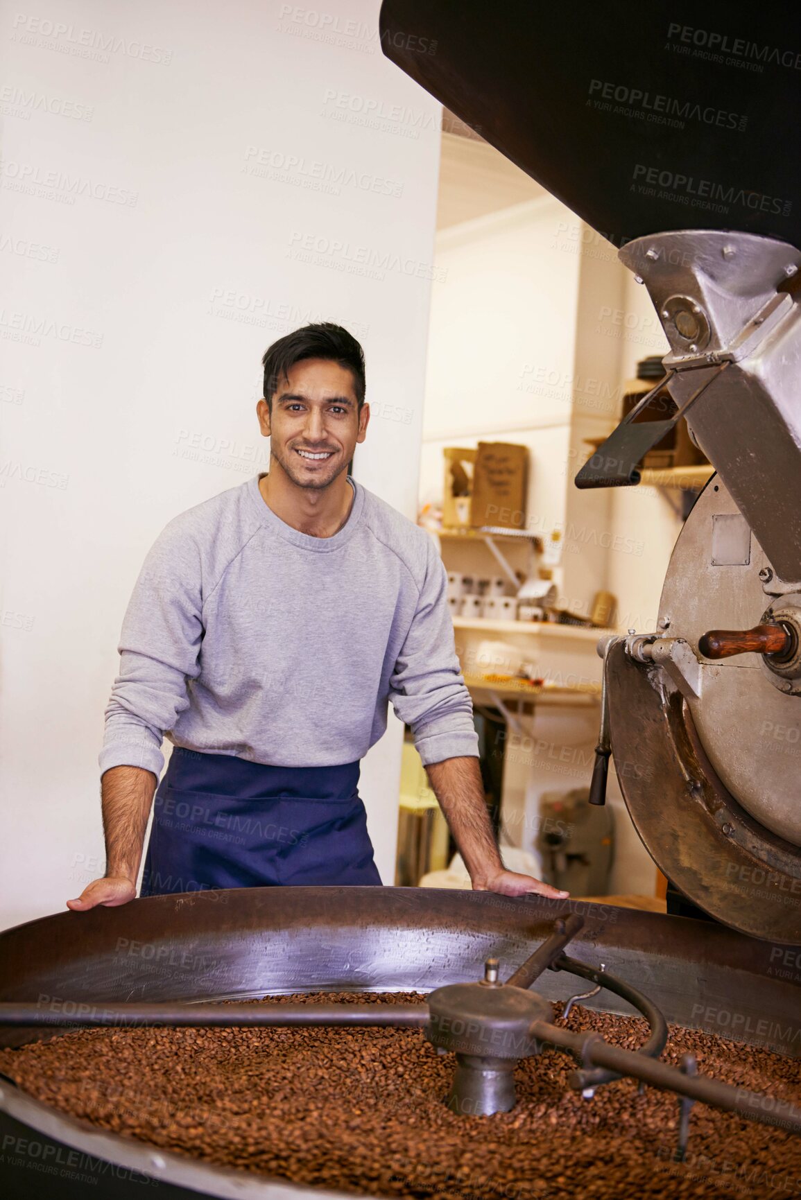 Buy stock photo Coffee, portrait and happy man with machine for roasting with small business, production or quality control. Entrepreneur, barista or roaster with beans, sustainable startup cafe and espresso process