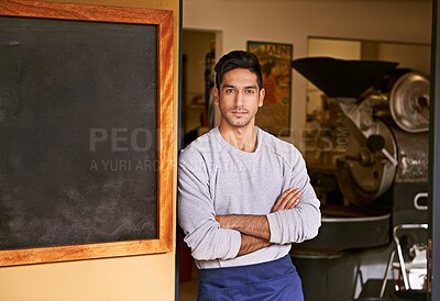 Buy stock photo Barista, cafe and man with arms crossed in portrait for small business, owner with confidence and service. Entrepreneur, coffee shop and drinks with hospitality, professional and server in industry