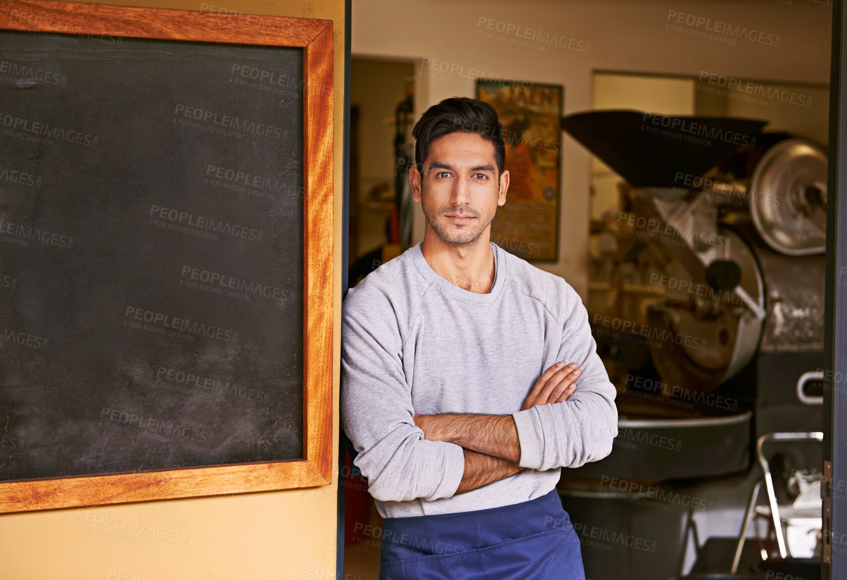 Buy stock photo Barista, cafe and man with arms crossed in portrait for small business, owner with confidence and service. Entrepreneur, coffee shop and drinks with hospitality, professional and server in industry