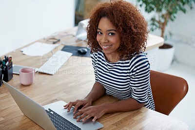 Buy stock photo Creative, office and portrait of black woman at laptop with productivity on editing project or media. Happy, employee and working at desktop with development on task and typing online communication