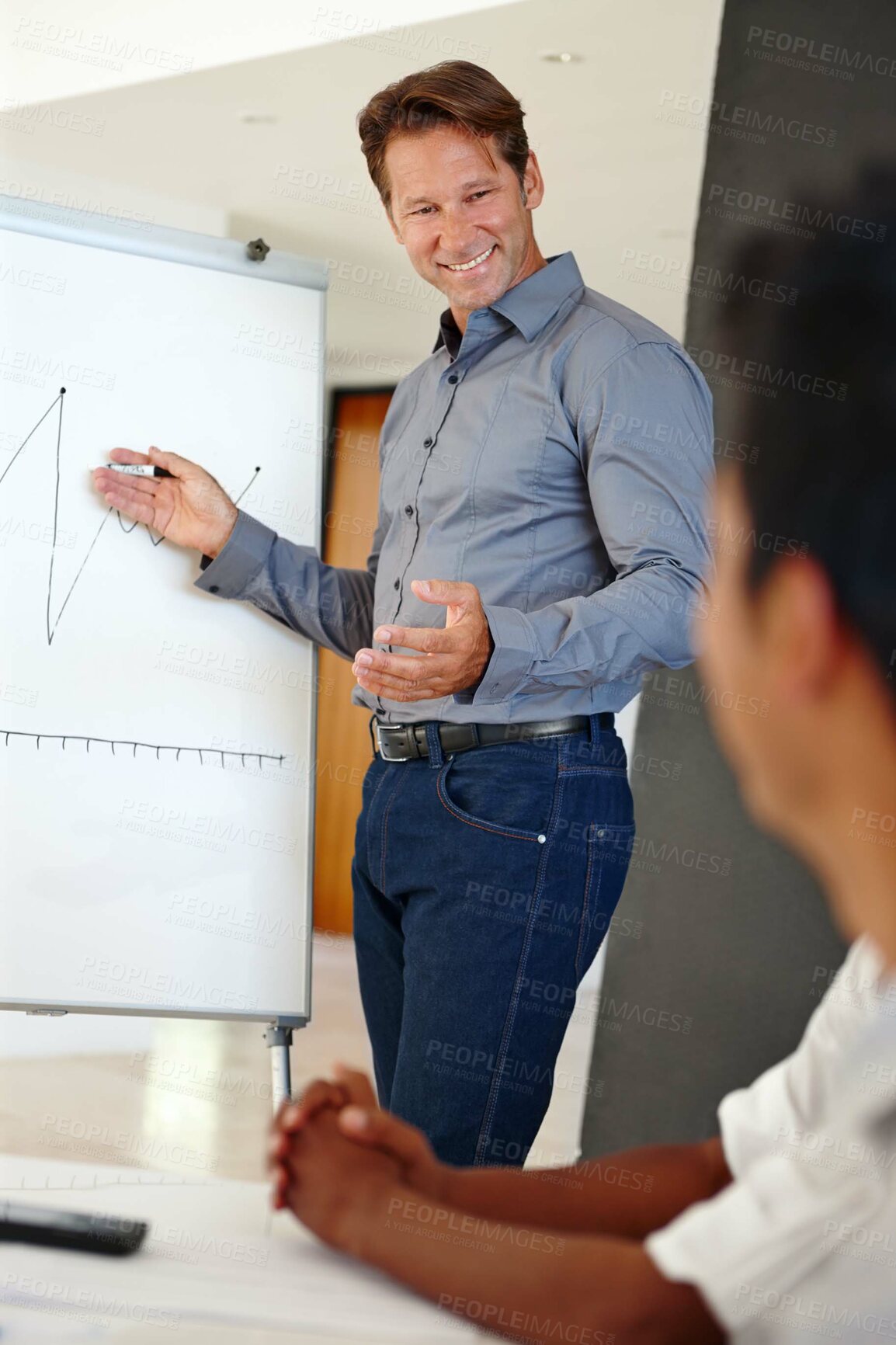 Buy stock photo Man, business people or presentation with graphs, economy or corporate sales growth with accounting or funding report. Professional, presenter or speaker with teamwork, finance or charts with economy