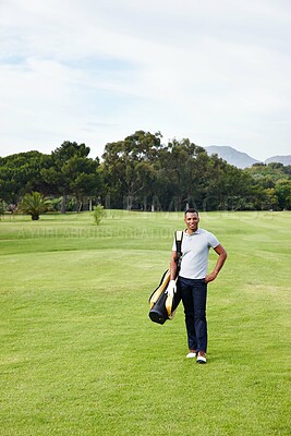 Buy stock photo Sports, man and portrait on golf course with athlete outdoor on luxury holiday or vacation at club. Grass, field and exercise in summer on lawn with person in countryside for training or workout