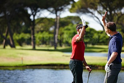 Buy stock photo Happy man, high five and celebration with golf course for winning, point or score in outdoor nature. Male person, friends or people success with smile for teamwork, victory or match on grass field