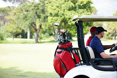 Buy stock photo Men, friends and driving golf cart on outdoor field for fitness, clubs and people for sport or exercise. Golfer, athlete and vehicle on green grass for workout, fun and transportation on arena