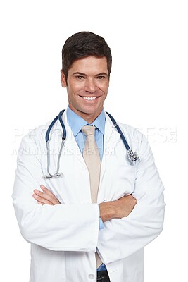 Buy stock photo Smile, man and doctor with stethoscope and arms crossed in portrait for medicare or healthcare in studio. Happy, male person and surgeon with confidence, trust and support for cardiology or medicine