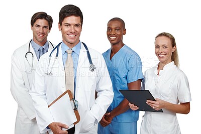 Buy stock photo Happy, group and doctors in portrait for teamwork, healthcare and collaboration in studio. Smile, surgeon and nurses with paperwork or documents and support for communication and leadership 