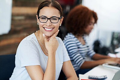 Buy stock photo Office, work and portrait and woman at desk with smile for accounting, job and career in finance. Accountant, audit and female person with confidence at table for financial agency, pride and business