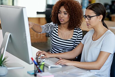 Buy stock photo Women, computer and collaboration in office with explain for communication, project review and discussion. Female worker, manager and tech for online research with teamwork, software check and help